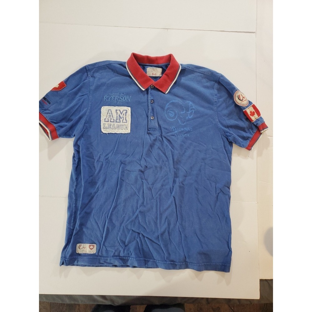 Vtg 90s Ryerson University Rams Polo Shirt L Blue Red AM LEAGUE #31 De la Rocha
